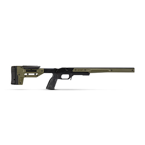 ORYX Sportsman Chassis forbedrer presisjon og ergonomi med V-formet bedding, justerbar kolbe, og støtte for AR15 grep og M-Lok tilbehør.